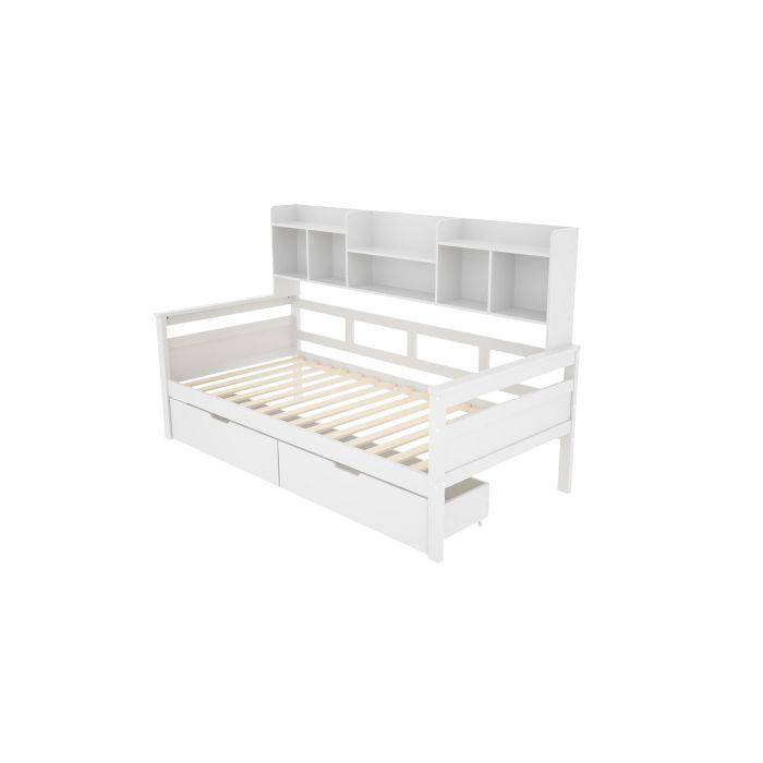 Canapé-lit - MUVOE - 90x200 cm - Bois massif - Blanc - Avec tiroirs et étagères