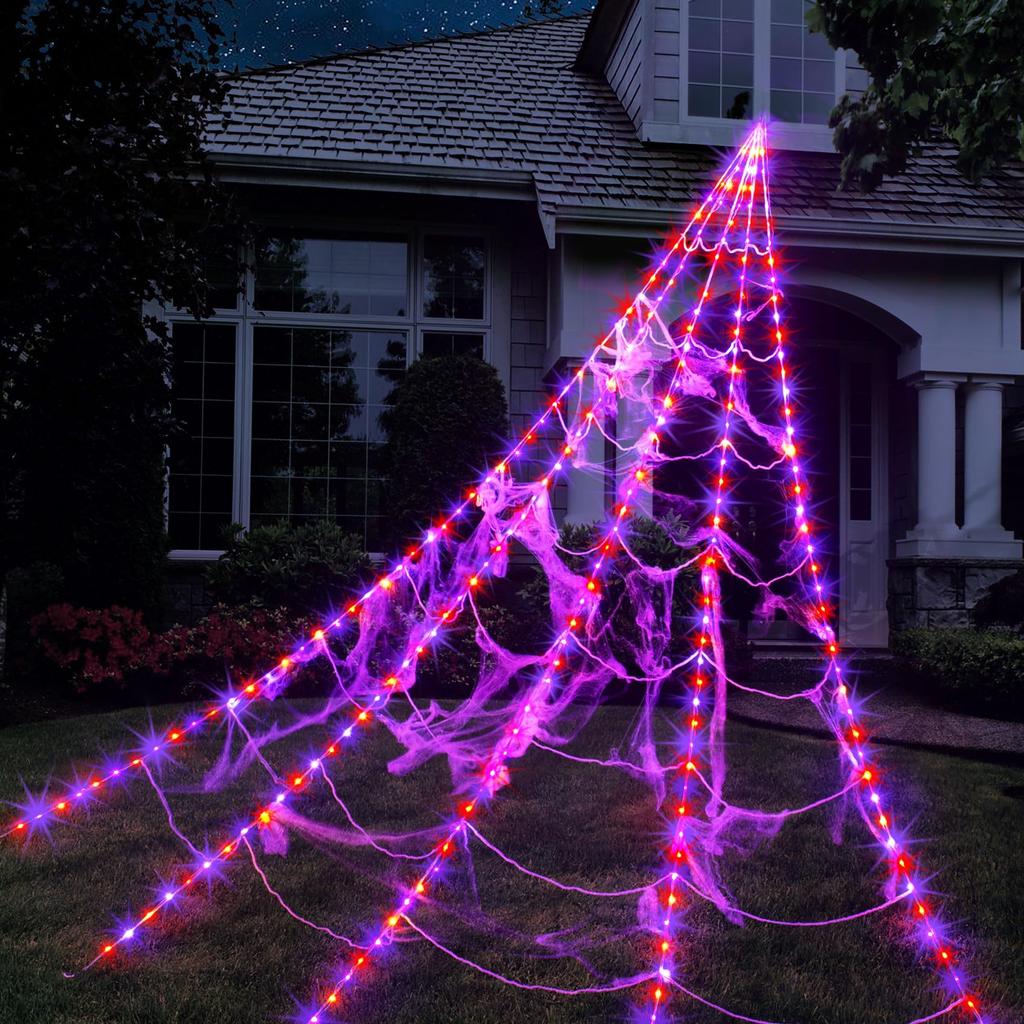 Praktische 8 Modi Halloween Spinnennetz Lichter Leuchten 250 LEDs LED Spinnennetz Hängend 5m Gruselige Riesenspinne Spukhaus