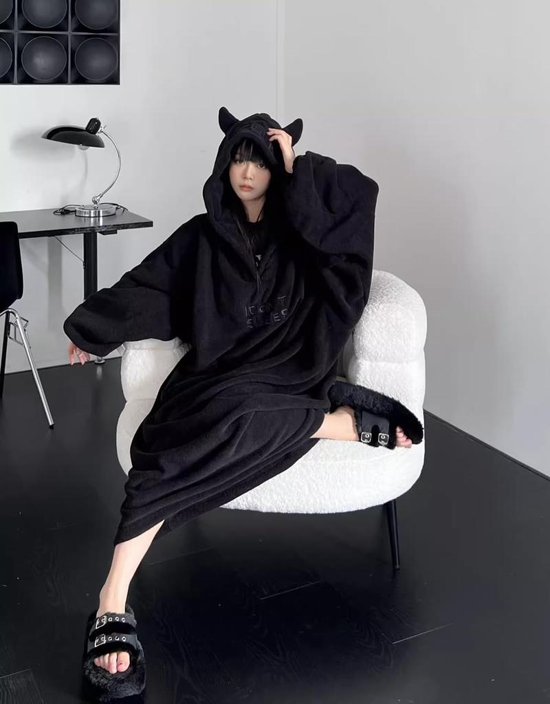 Rayiisuy Pajama Thick Long Little Devil Perfect for Fall and Cold Weather Protection Women's Blanket, Fleece-Lined Loungewear, All-in-One, Sleeves,