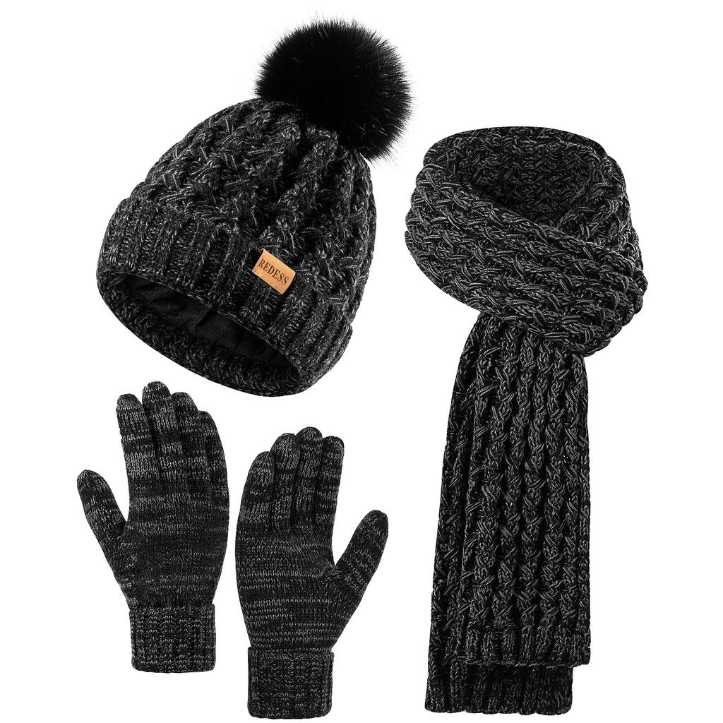 Winter women's knitted wool ball cap, thick long scarf, elastic gloves, three-piece set, casual and warm, suitable for winter