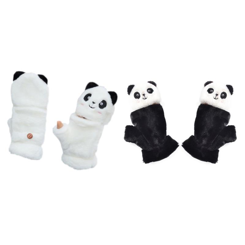 Winter Warme Handschuhe Flauschige Tier-Fäustlinge Plüsch-Panda Halbfingerhandschuhe mit Klappdeckel Warme Handschuhe für Kaltes Wetter