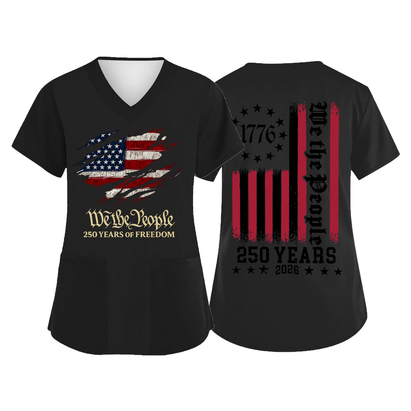 

V Neck Short Sleeve Top with Patriotic Flag Print 1776 250 Years 2026 We the Lettering Design for Women L чёрный