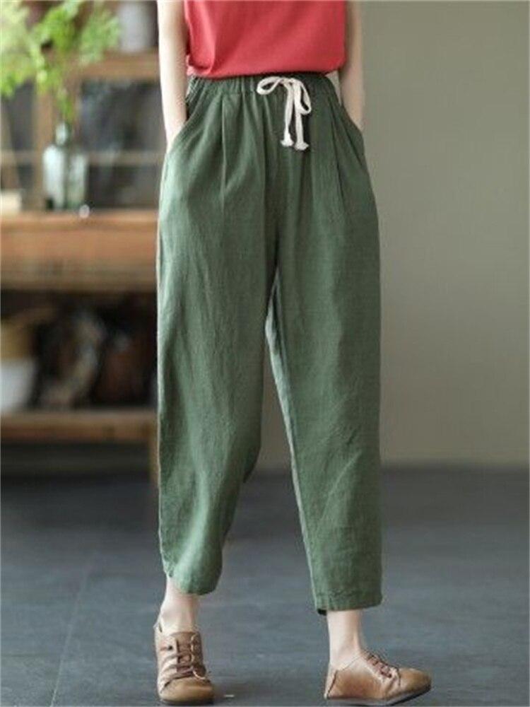 Harajuku Summer High Waist Elastic Women's Cotton Linen Wide Leg Capris Pants for Women Baggy Harem Pants Woman Trousers