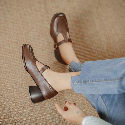 Teahoo Retro Mary Jane Dámske T-strap Francúzsky Hrubý Opätok Štvorcová Špička Čierne Kožené Topánky