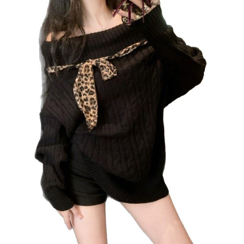 Korean Leopard Print Off-Shoulder Lace-Up Sweater - Women's Slim Fit Autumn/Winter Knitwear