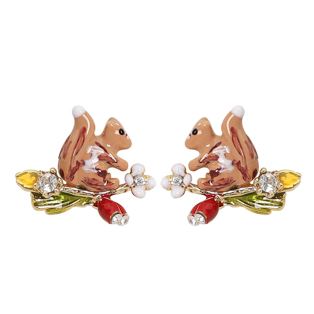 Mori sweet and delicate small fragrant wind drop glaze three-dimensional cute little squirrel stud earrings women's high-end versatile earrings