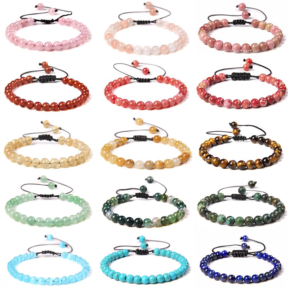 Natural Stone 6mm Beads Bracelet Adjustable Rope String Braided Bracelets For Women Men Amethysts Red Agates Lava Beaded Bangles