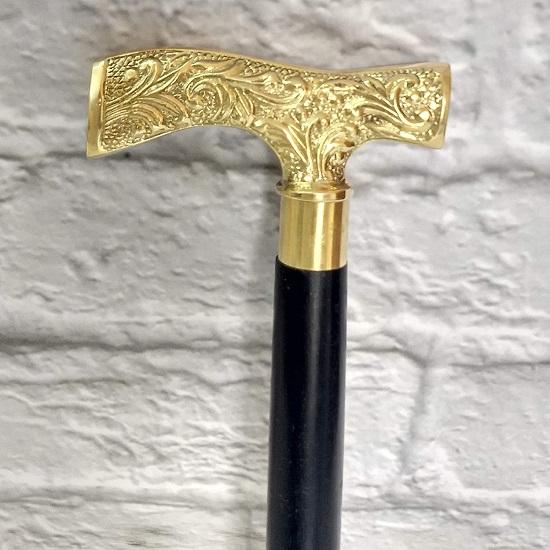 Viktorianischer Griff, schwarzer Spazierstock, klappbarer Spazierstock aus Holz mit Messingintarsien.