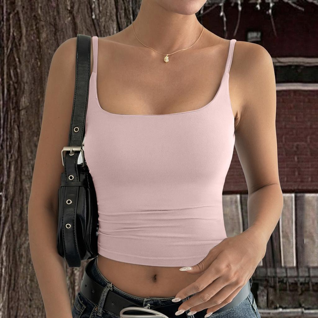 Women's Solid Color Sleeveless Tank Top Slim Fit Square Neck Stretchy Crop Camisole Summer Basic Layering Shirt