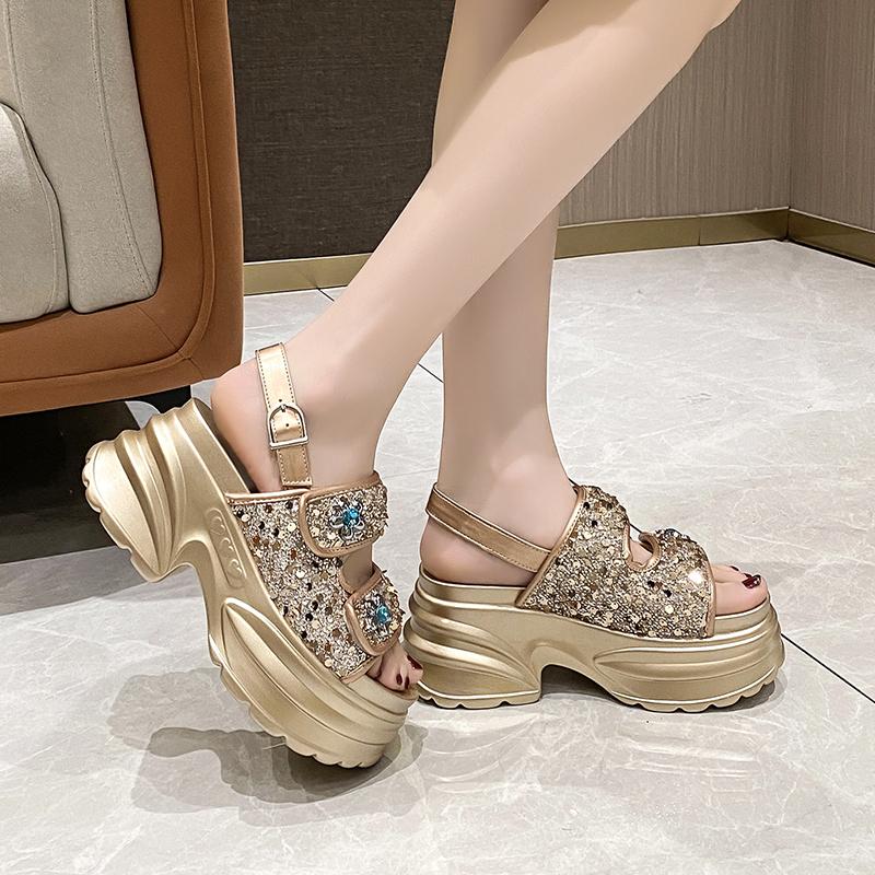 Fashion Green High Heels Sandals Women Crystal Shoes Summer New Wedges 8CM High Platform Sandals Chunky Beach Sneakers Sandalias Mujer