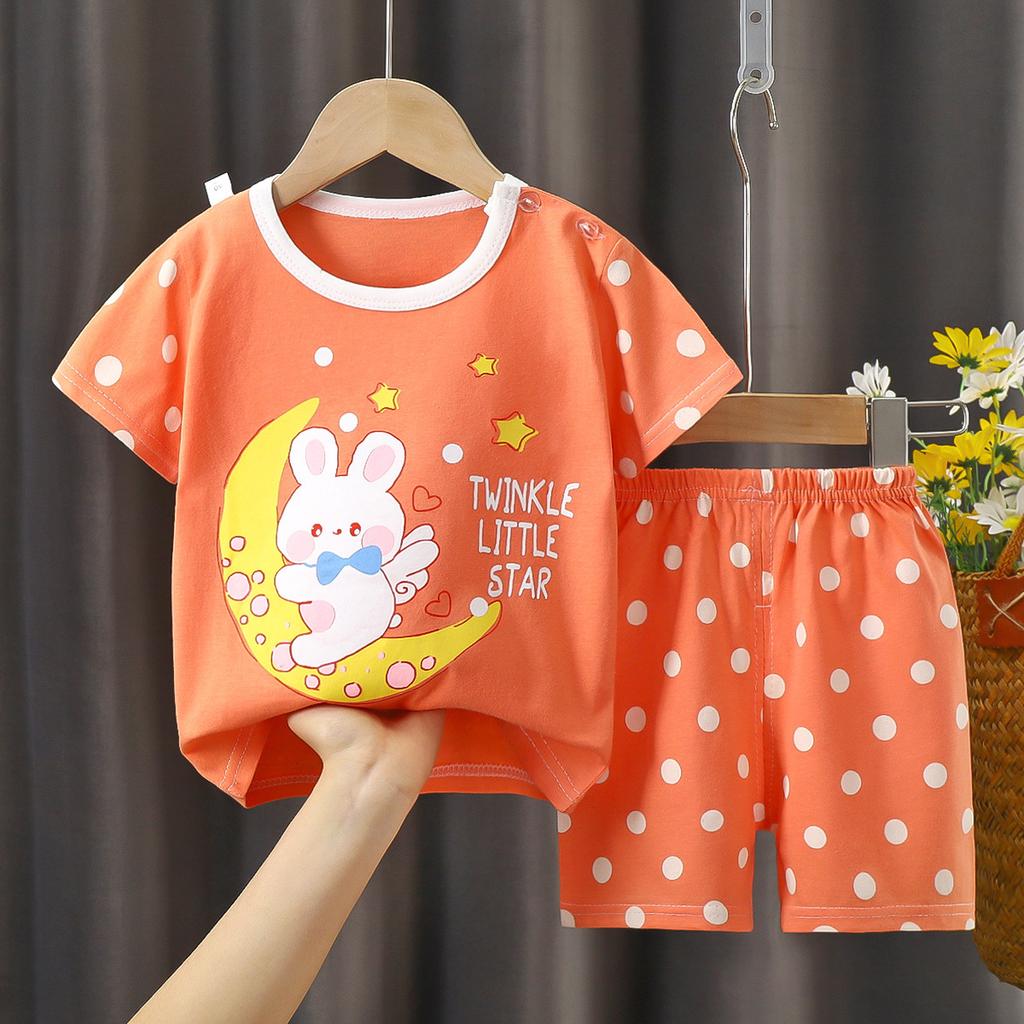 Kids Cotton Short Sleeve 2Pcs Set, Summer Shoulder Snap T-shirt & Shorts for Toddler Boys Girls