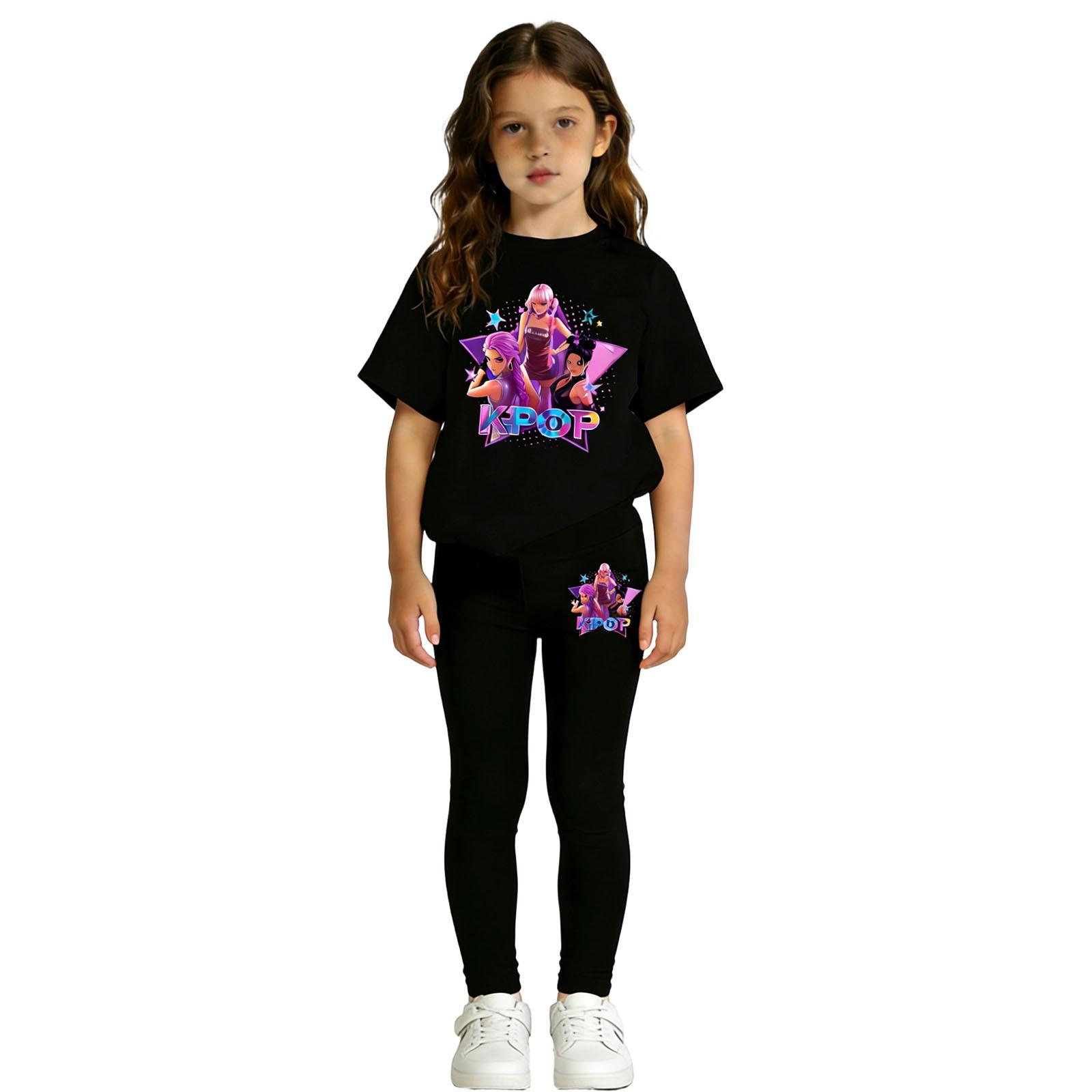 

Модный повседневный детский комплект из двух предметов: топ с коротким рукавом с принтом и брюки 130 чёрный