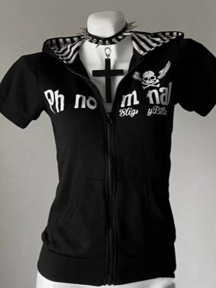 

VAYLA Y2K Subculture Skull Print Zip Cardigan Short Sleeve Women Japan Slim Fit Striped Hoodie Casual Tops Fashion Streetwear Clothes M чорний
