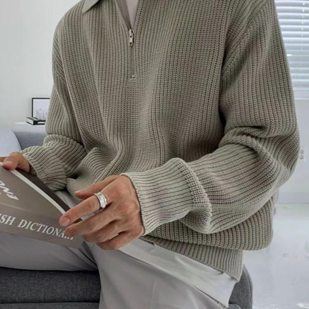 Spring and Autumn Loose Fashion Half Zipper Hooded Sweater for Men, Hong Kong Style Versatile and Casual Design, Stand Up Collar Knitted Sweater