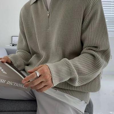 Jarní a podzimní volný módní svetr s kapucí na poloviční zip pro muže, všestranný a ležérní design ve stylu Hongkongu, pletený svetr se stojáčkem