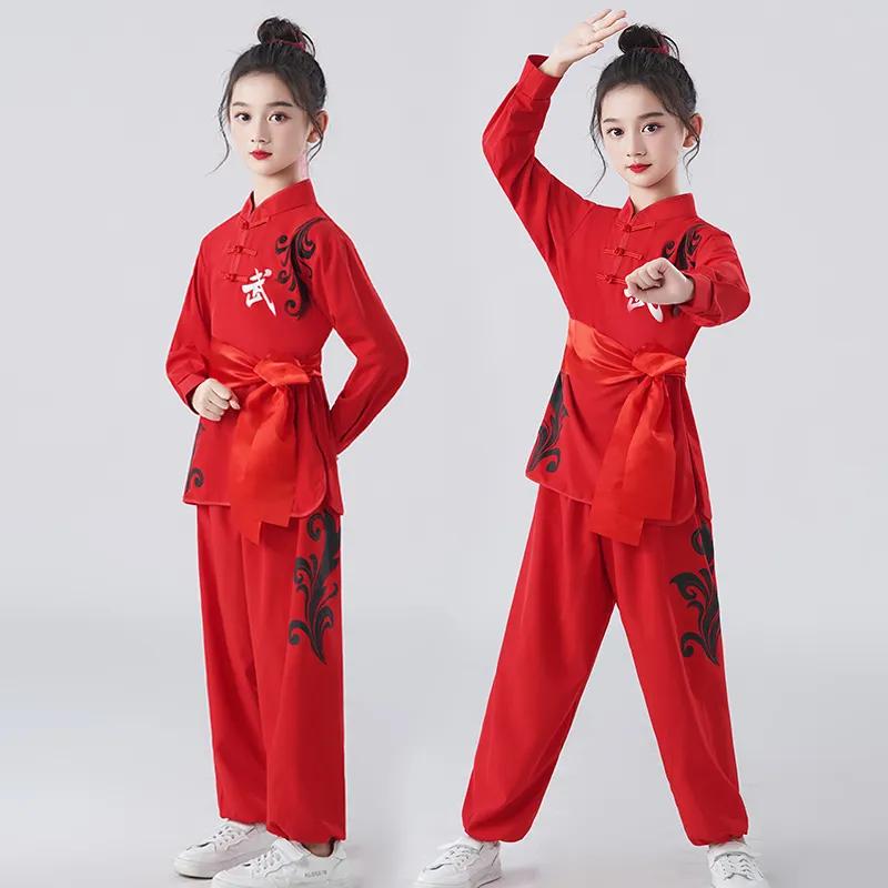 Children's Chinese Style Martial Arts Uniforms Stretch Cotton Practice Uniforms Long-sleeved Martial Arts Hall Boys and Girls Tai Chi Kung Fu Costumes