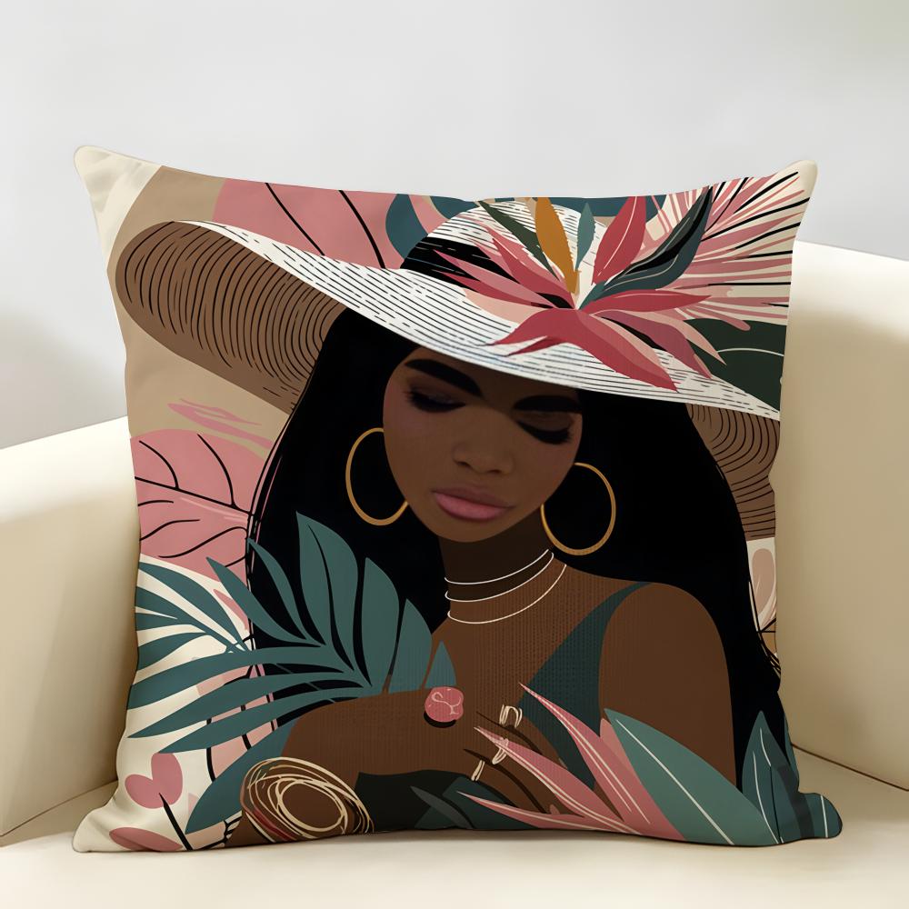 African Black Girls Fashion Cushion Cover Natural Linen Organic Fabric DoubleSided Printing Room Sofa Decor Pillow Case