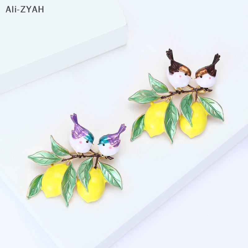 Trendy Enamel Bird And Lemon Brooches For Women Animal Fruit Pins Casual Party Accessories New Year Gifts