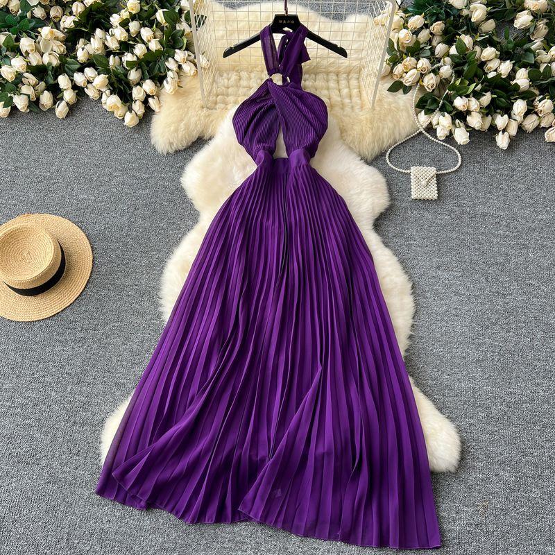 

Atmosphere Halterneck Dress Women s Sexy Cutout Cross-Halterneck Halterneck Lace-up Waist-Controlled Draping Effect Open Back Pleated Dress Purple XL