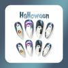 24pcs Halloween Nails Press On Cat Eye Ghost Fake Nails Almond Shape Cute Spooky Nail Art with 1 Jelly Glue and 1 Nail File