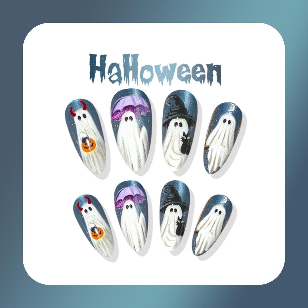 24pcs Halloween Nails Press On Cat Eye Ghost Fake Nails Almond Shape Cute Spooky Nail Art with 1 Jelly Glue and 1 Nail File