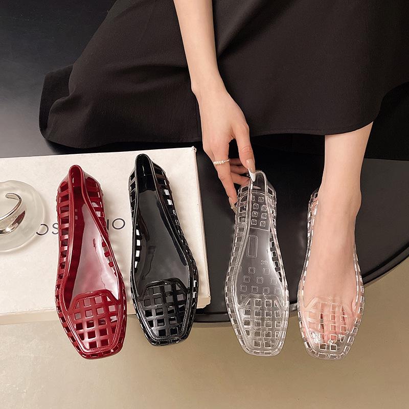 Koreanische Kristall-Gelee-Flats - Damen Transparent Hohl Quadratische Zehenpartie Sommer-Schuhe