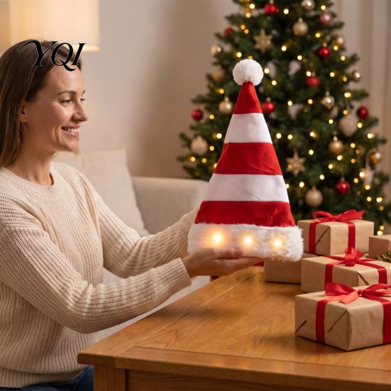 Christmas Hat with Lights Light Up Tree Hat, Striped Plush LED Party Eye Catching Stage Performance Fur Trim, Holiday Cosplay Costume Accessory