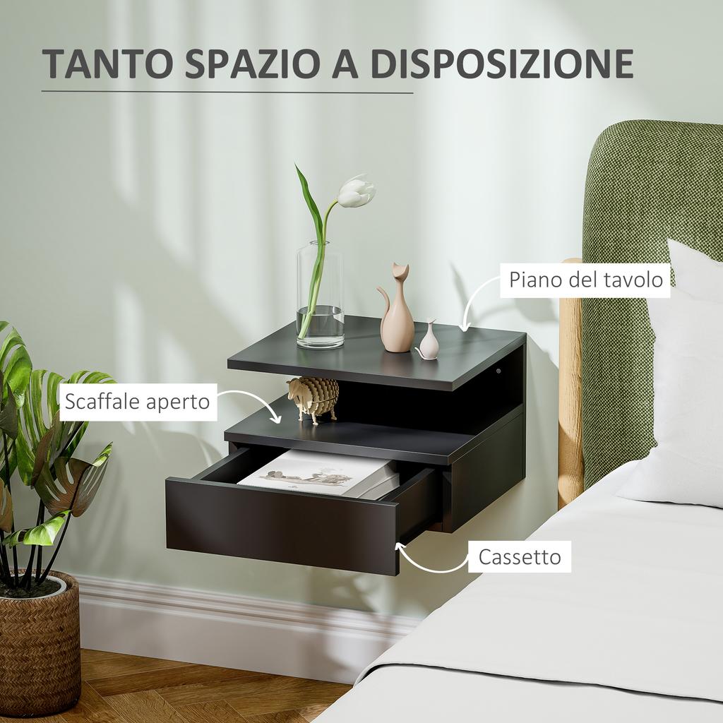 Wall-Mounted Nightstand for Bedroom with Drawer and Wooden Shelf, 35x32x22.5cm, Black