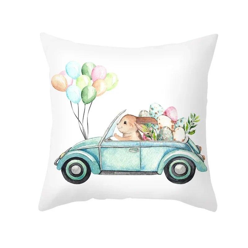 Spring Home Decor Cushion Cover Happy Easter Eggs Rabbit Decorative Pillow Covers Flowers Bunny Printed Throw Pillowcase 45x45cm