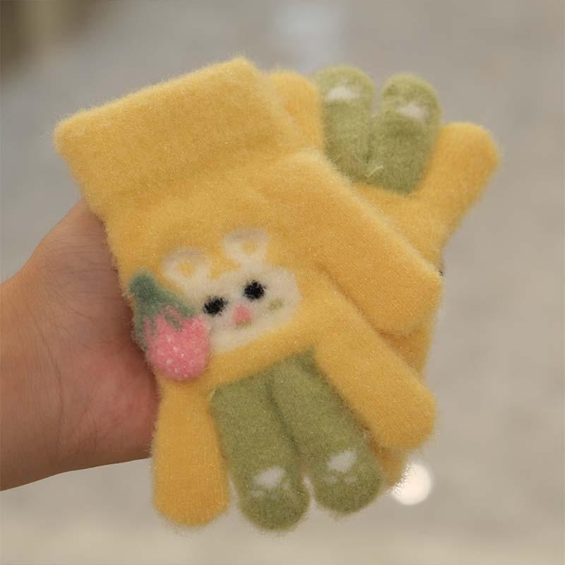 Children's Gloves Autumn and Winter Men's and Women's Plush Thickened Warm Finger Children's Color Cartoon Rabbit Outdoor Play