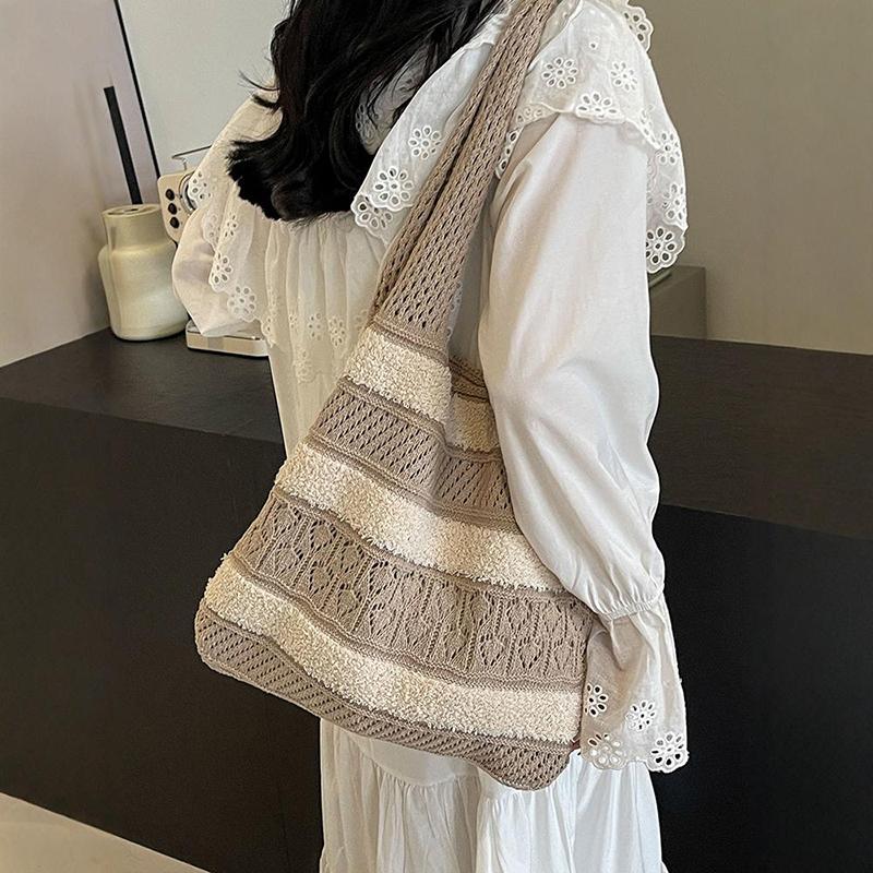 Yogodlns Модная винтажная полосатая вязаная сумка-тоут с цветными блоками — фото 8