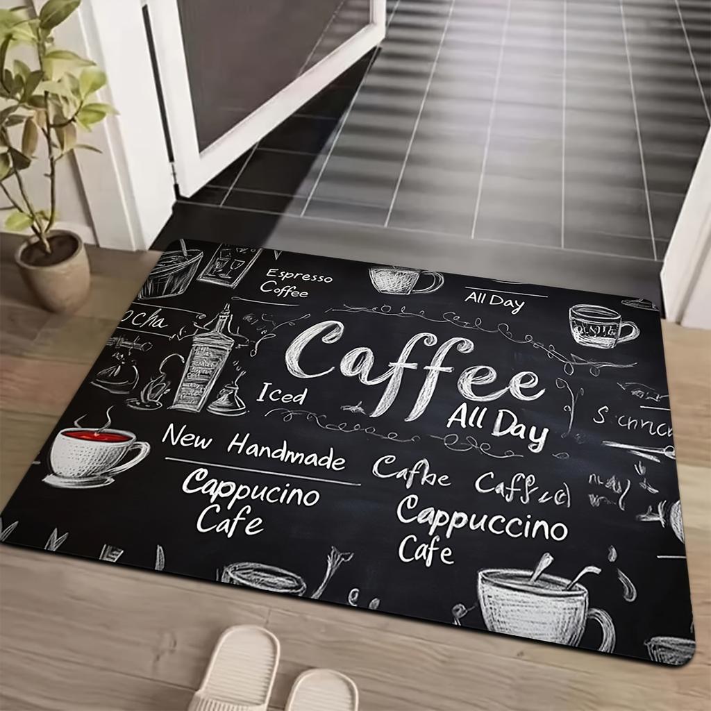 Coffee-Themed Non-Slip Rug – "All Day Coffee" Design with Espresso & Cappuccino Art for Kitchen, Bar or Entryway