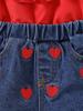 Two-piece set for baby girls: summer off-shoulder camisole with heart embroidered denim shorts
