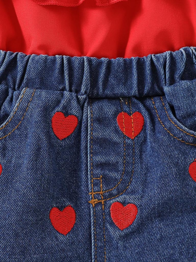 Two-piece set for baby girls: summer off-shoulder camisole with heart embroidered denim shorts