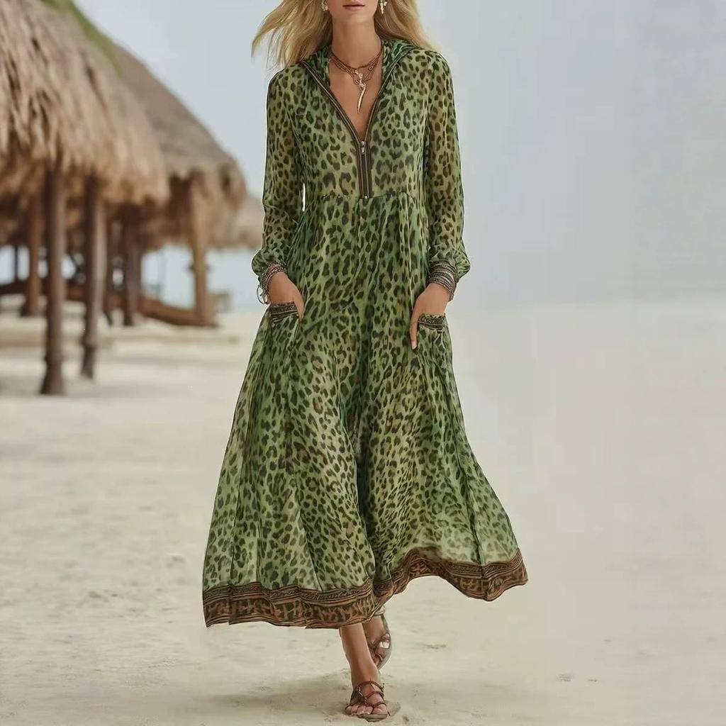 Vintage Wild Leopard Print Hooded Long-sleeved Long Dress Half Zipper V-neck Elastic Waist Swinging Seaside Vacation Dress