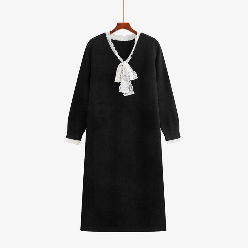 Plus Size V-neck Tie-up Lace Knit Wool Dress - 2025 Winter Style