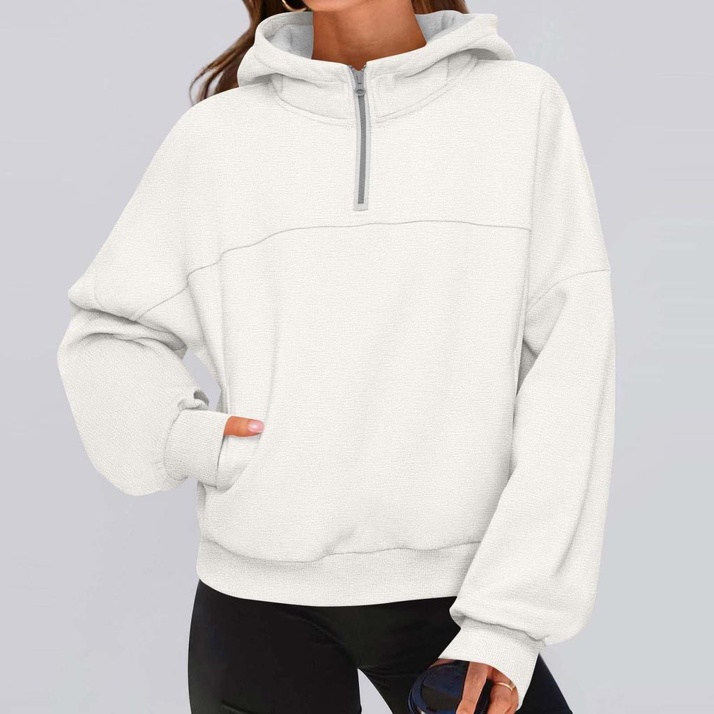 Women's Fashionable Solid Color Hooded Long Sleeved Sports Casual Pullover Sweatshirt Top