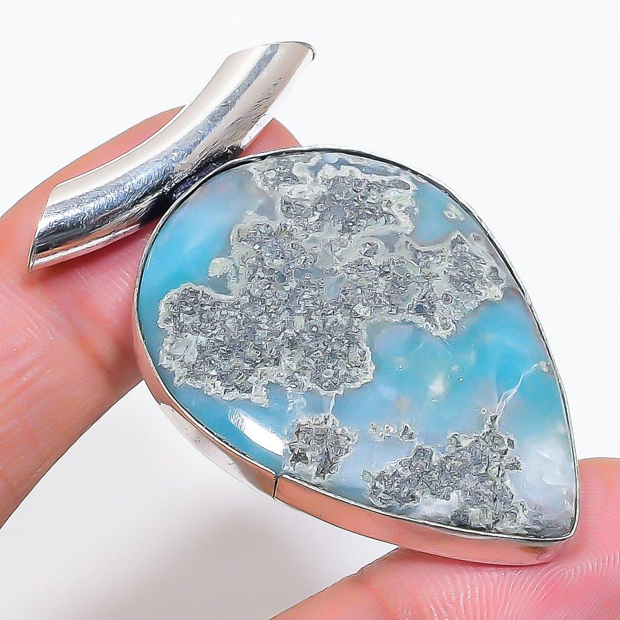 Natural Republic Larimar Gemstone 925 Sterling Silver Jewelry Pendant 1.97" AP-14076