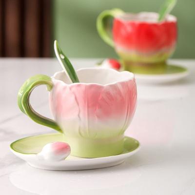 Französische Farbkeramik Kaffeetasse Untertasse Löffel Kreative Tulpen-Parfümtasse Dreidimensionale Blume Nachmittags Kamelien-Teetasse Geschenk