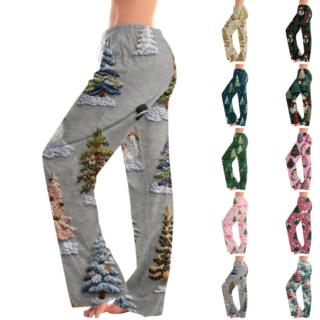 Ladies' Loose And Casual Christmas Printed Wide Leg Pants With Elastic Waistband Drawstring And Pocket Pants