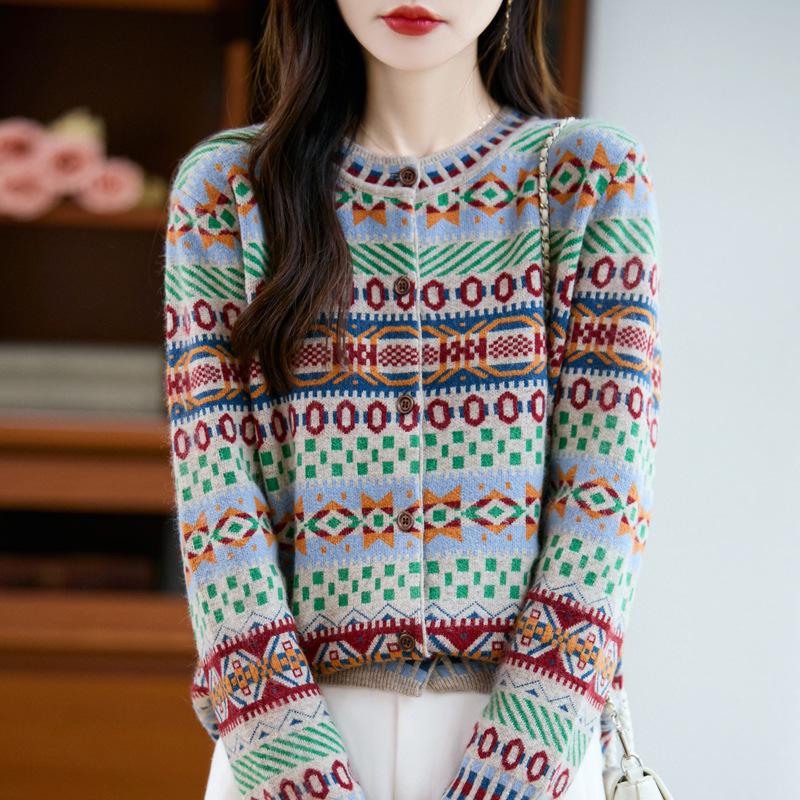 2025 Autumn/Winter Women's Loose Ethnic Style Raccoon Fur & Wool Knit Cardigan with Color Block and Round Neck, Long Sleeves