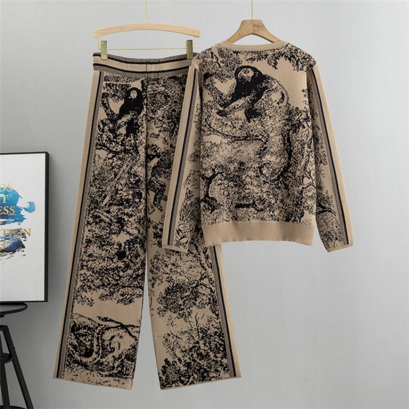 Tiger Print Knitted Suit Women's Autumn Fashion Sweater Loose Wide-leg Pants Two-piece Set