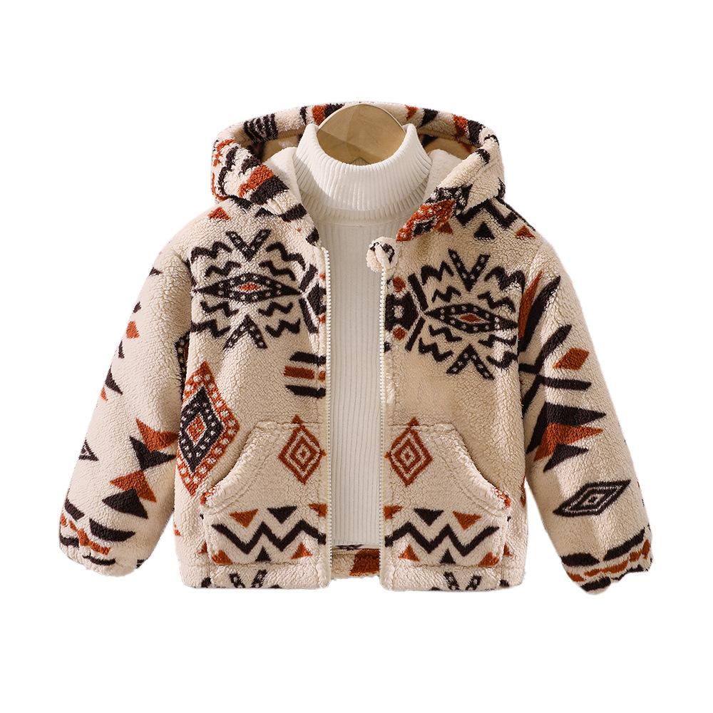 Children's Clothing New Boys' Autumn Winter Plush Printed Hooded Zipper Jacket