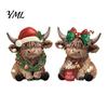 Boxwood Craft Ornament 2/3Pcs Christmas Highland Cow Wooden Tabletop Sign, 2D Flat Yak Desktop Holiday Figurines Figurine with Garland Bow Hat,