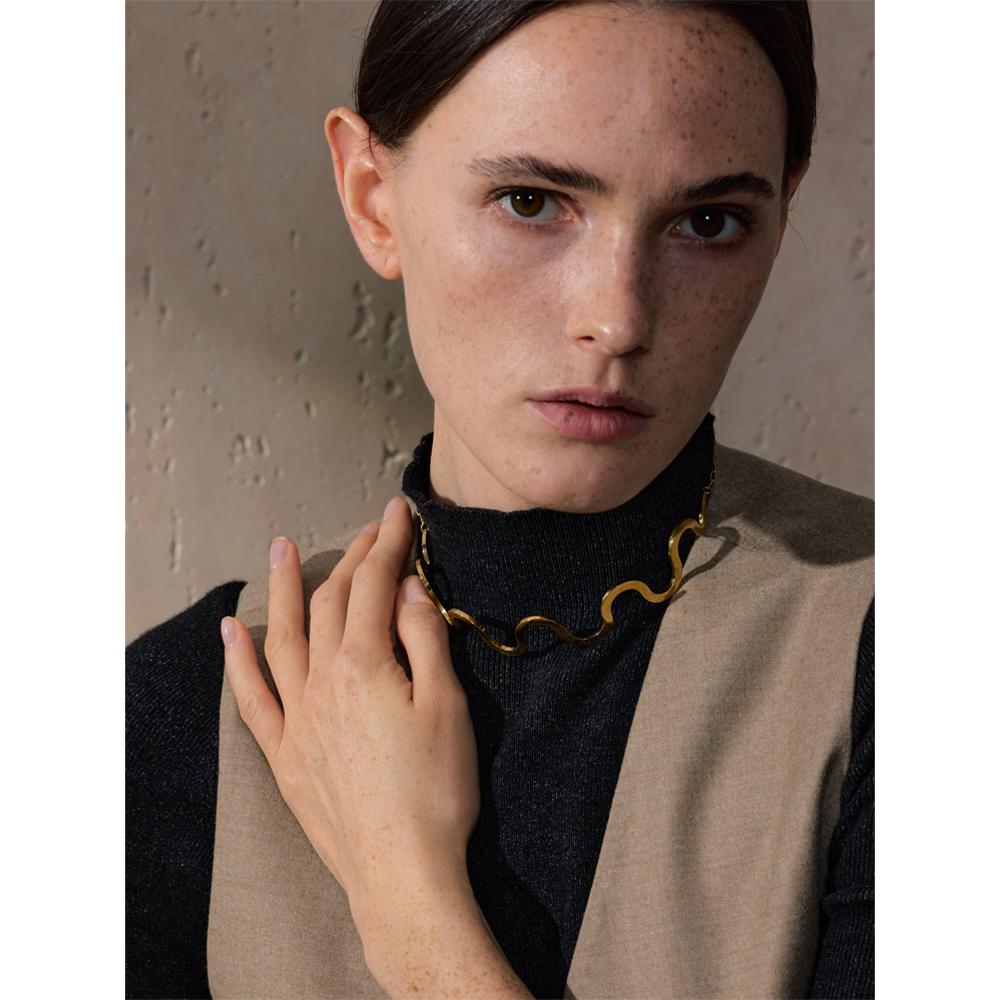 Yhpup Fashion Stainless Steel Wave Choker Necklace 18K Gold Color PVD Plated Popular Metal Distinctive Personality Jewelry