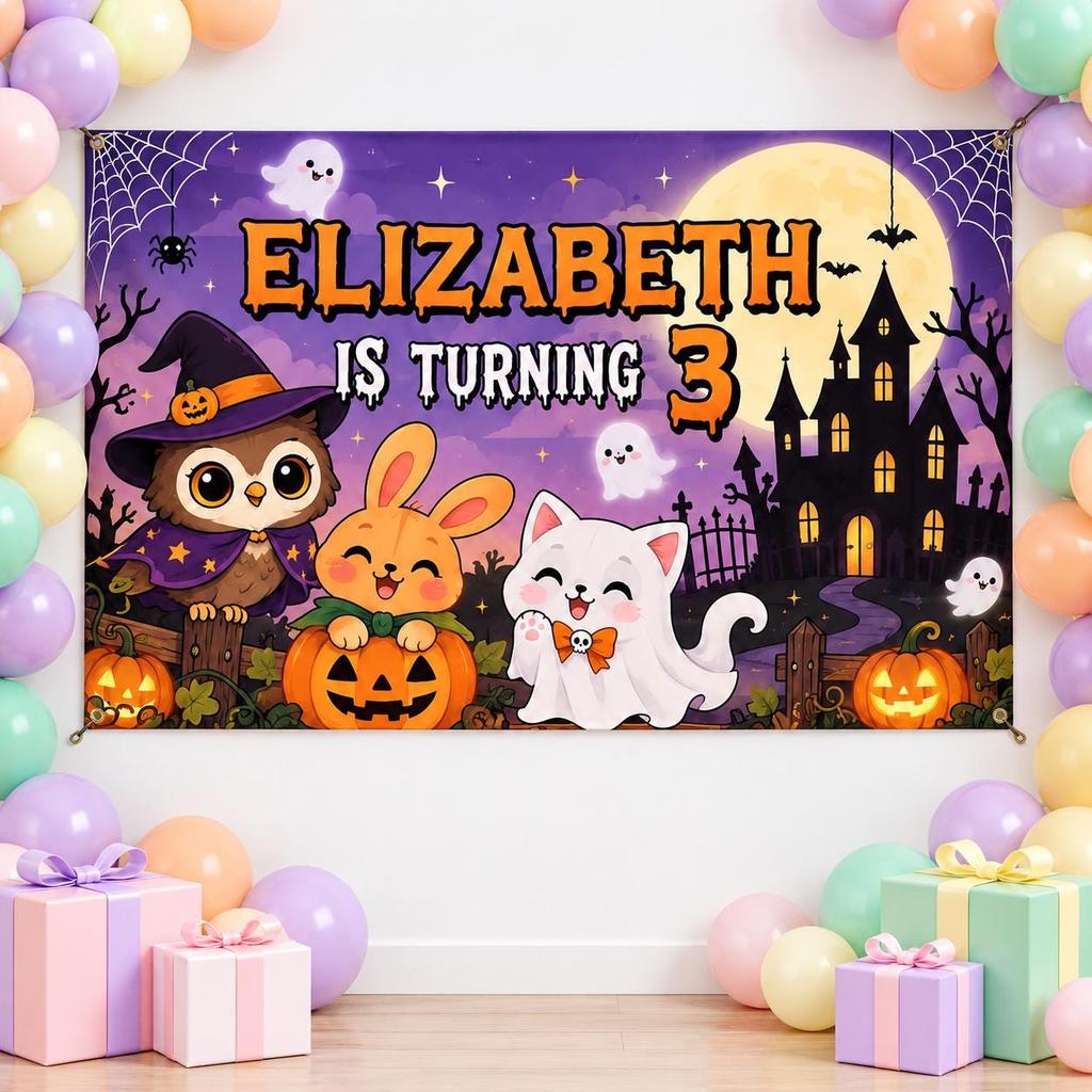Personalized Whimsical Witch Owl & Ghost Kitty Halloween Birthday Backdrop, Custom Spooky Kids Party Decor, Photo Background