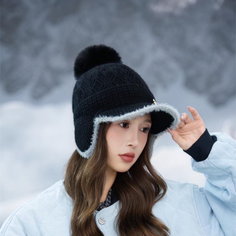 New Fleece Thickened Knitted Cap Women's Autumn and Winter Ear Bag Warm Wool Baseball Cap