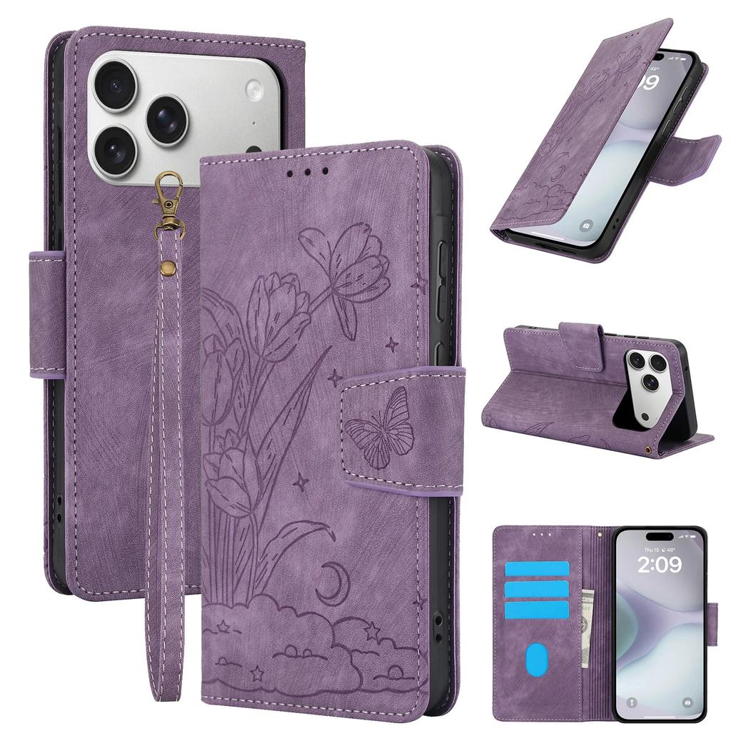 Floral Pattern Wrist Strap Leather Phone Case for iPhone 17 Pro Max Air 16 16E 15 Plus 14 13 Mini 12 11 Xs Xr Card Holder Cover