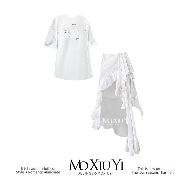 

Moxiuyi St [in Stock] White Patchwork Gauze Skirt Women Irregular Midi dress Little Fairy Skirt Short-sleeved Tops S