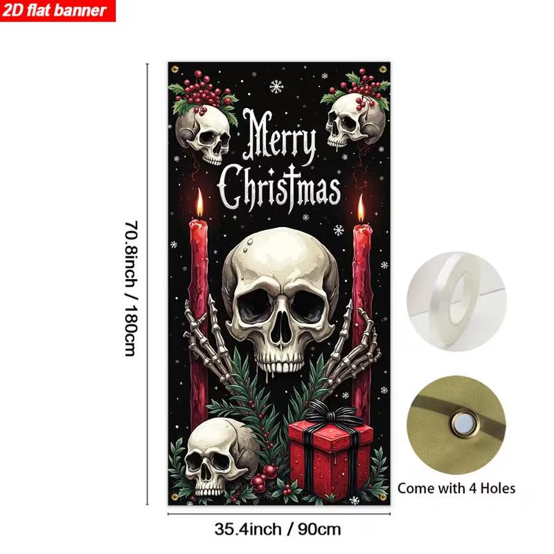 2D Dark Merry Christmas Skull Door Banner, Spooky Gothic Holiday Backdrop